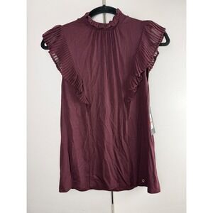 BCBG Burgundy Pleated Ruffle Mock Neck Top Sleeveless Romantic Small NWT